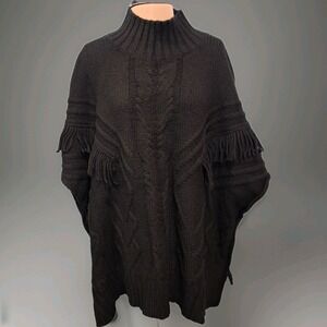 J. Jill Black Cable Knit Fringe Detail Mock Neck Poncho Classic Old Money XL-3X